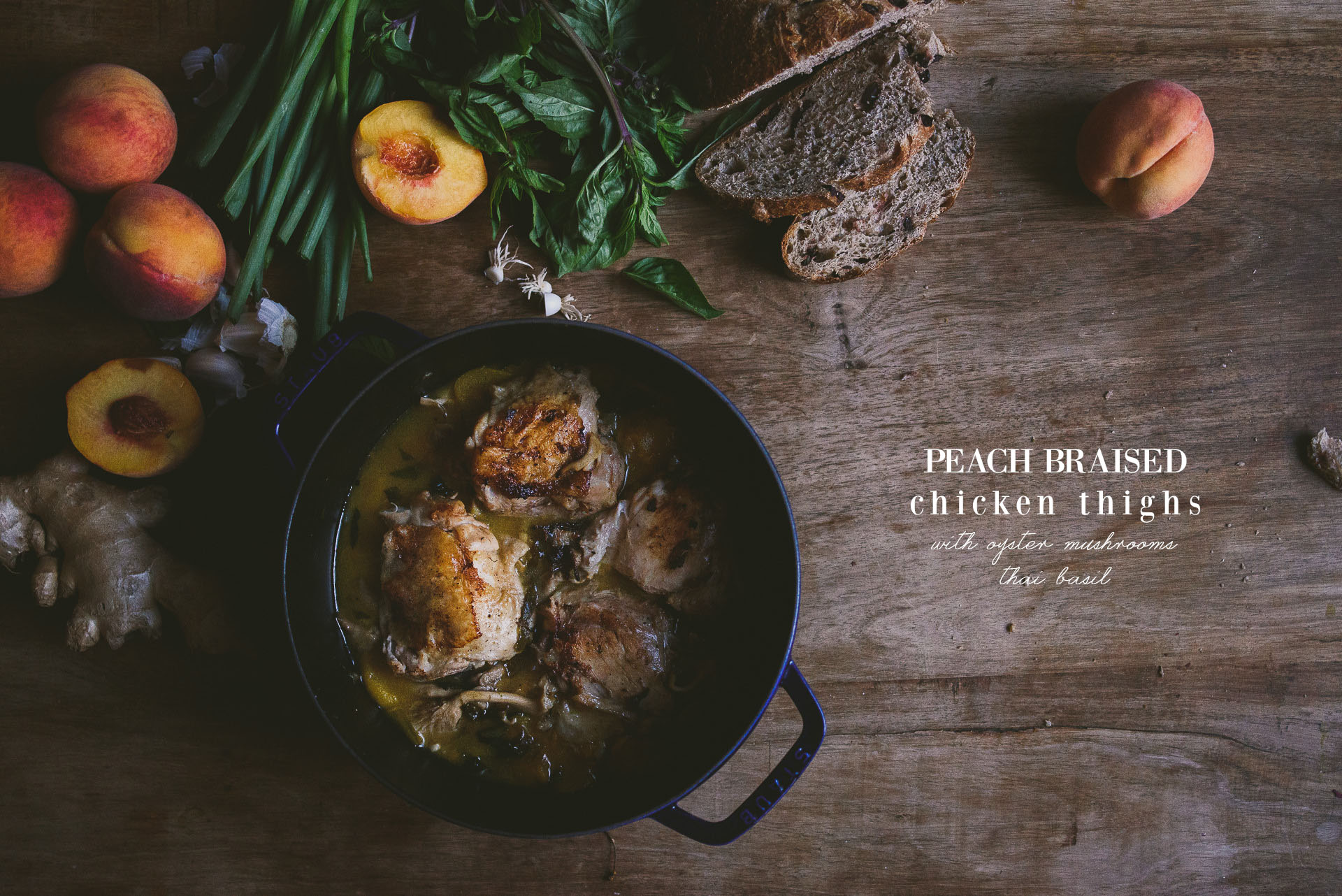 Summery Peach Braised Chicken Thighs with Oyster Mushrooms and Thai Basil