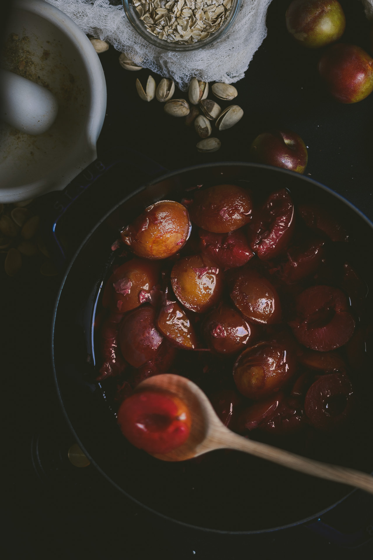 rosewater poached plum pistachio crisp