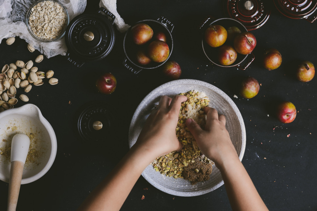 rosewater poached plum pistachio crisp