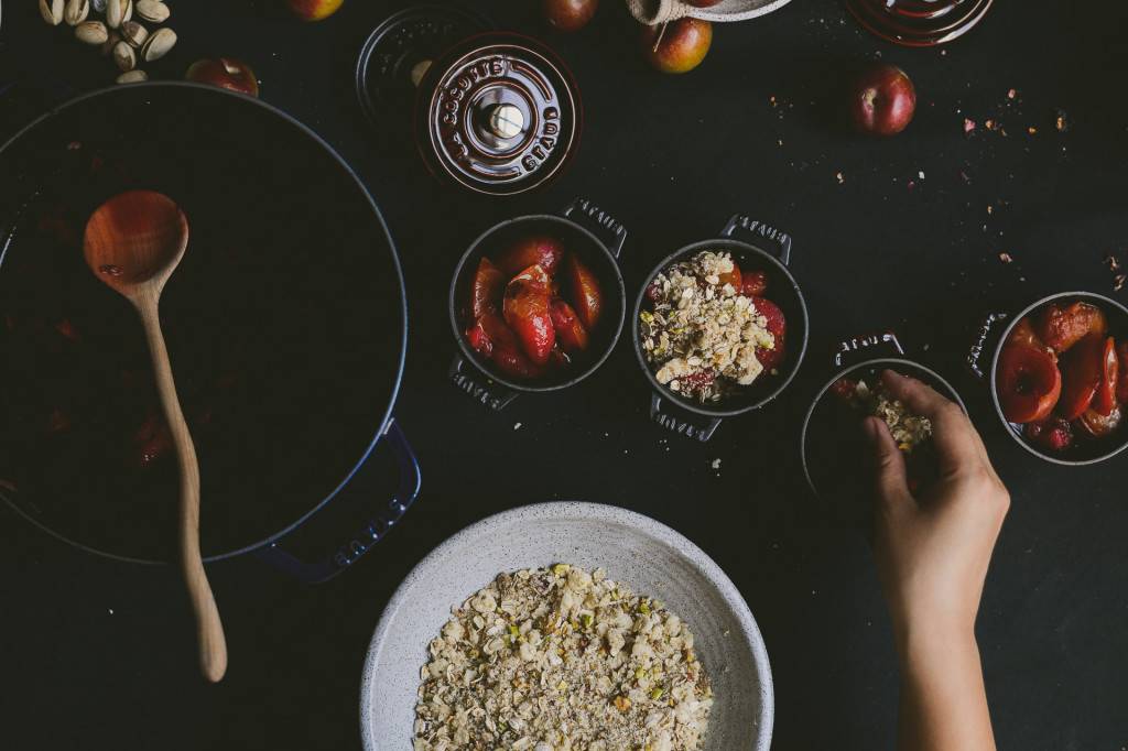 rosewater poached plum pistachio crisp