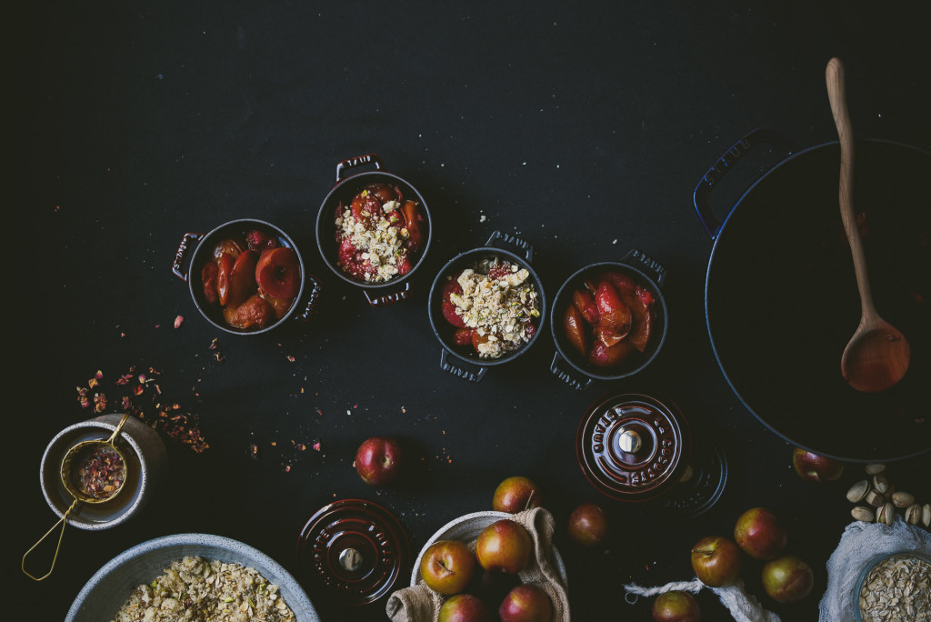 rosewater poached plum pistachio crisp