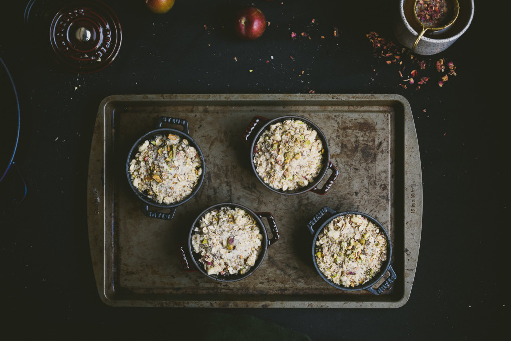 rosewater poached plum pistachio crisp