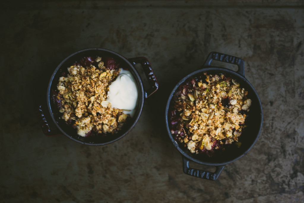 rosewater poached plum pistachio crisp