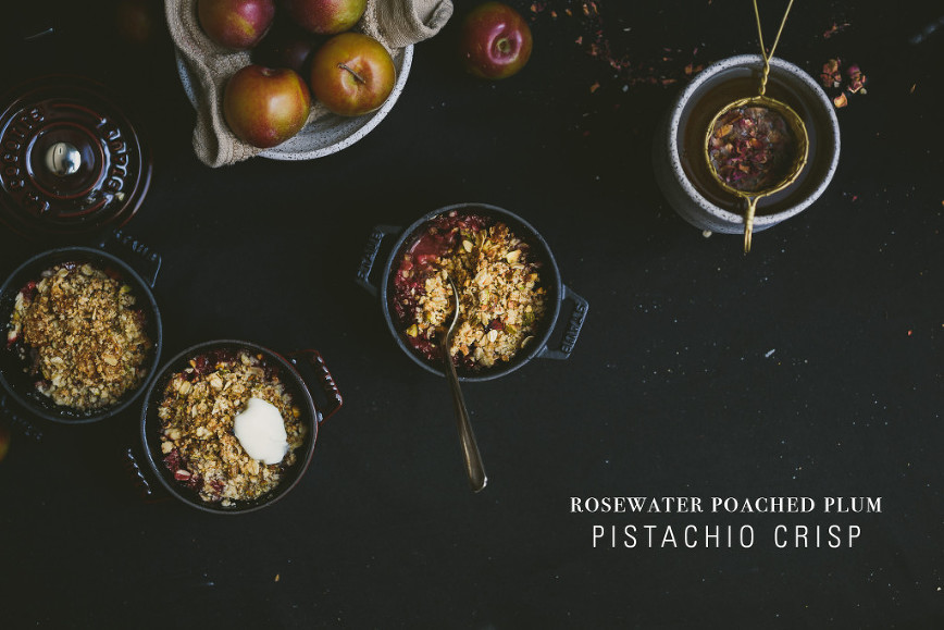 rosewater poached plum pistachio crisp