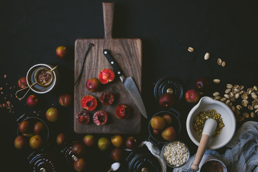 rosewater poached plum pistachio crisp