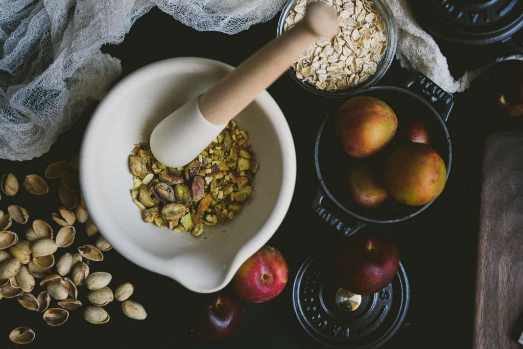 rosewater poached plum pistachio crisp