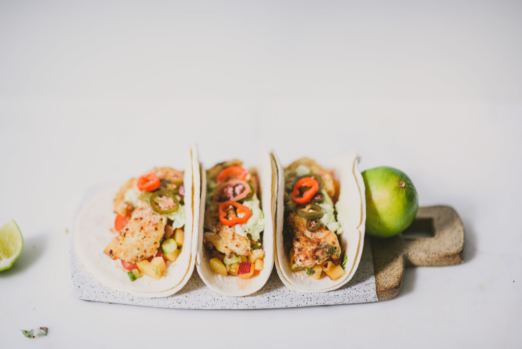 Chili Pepper Marinated Fish Tacos with Plum Tomato Salsa | bettysliu.com