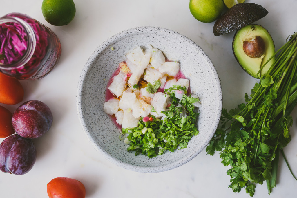 Chili Pepper Pickle Marinated Fish Tacos with Plum Tomato Salsa | bettysliu.com