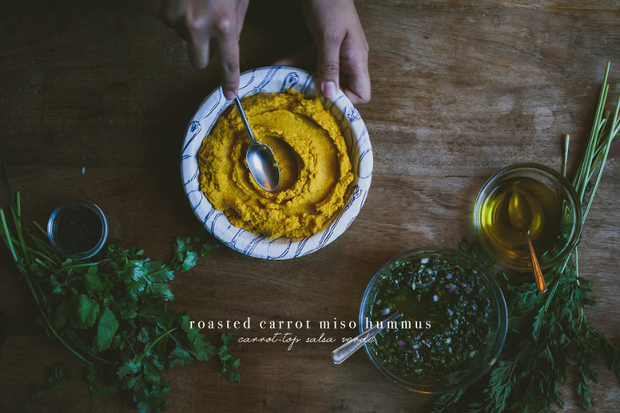 Roasted Carrot Miso Hummus + Carrot Top Salsa Verde | le jus d
