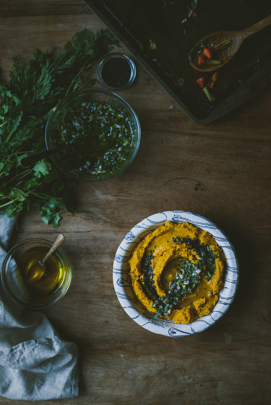 Roasted Carrot Miso Hummus + Carrot-Top Salsa Verde | le jus d