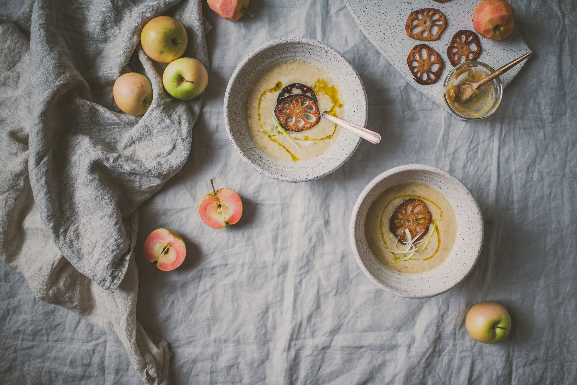 Roasted Parsnip Apple Soup with Baked Lotus Root Chips