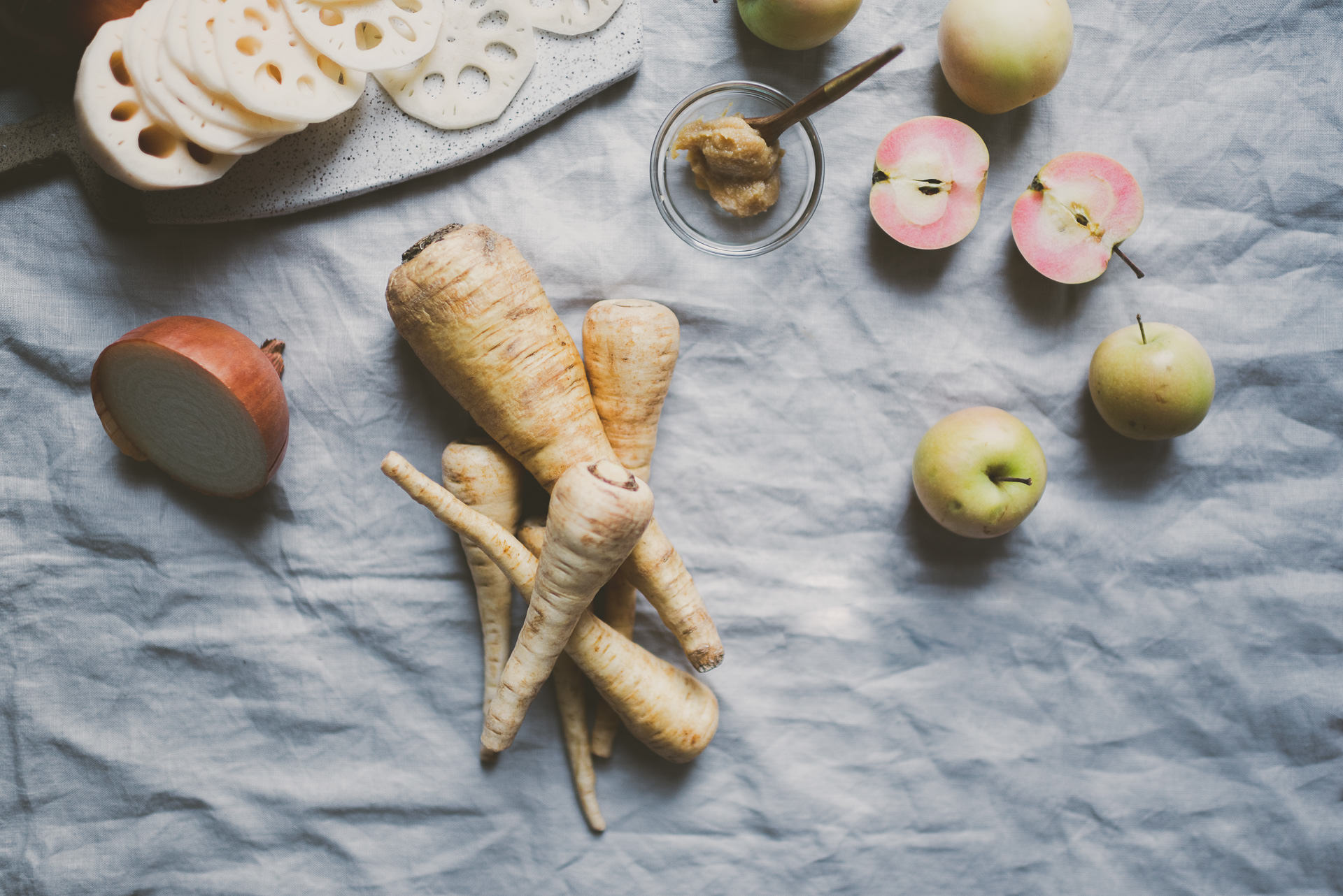 Roasted Parsnip Apple Soup with Baked Lotus Root Chips