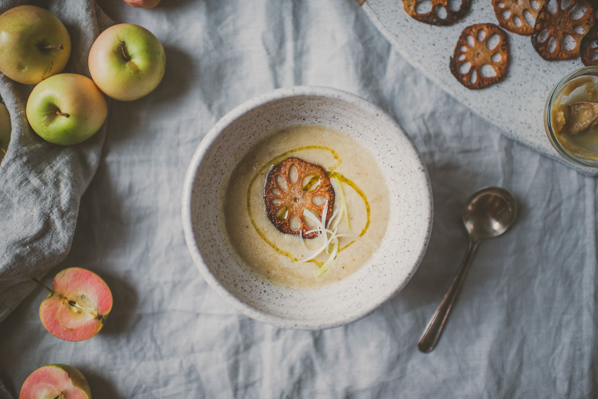 Roasted Parsnip Apple Soup with Baked Lotus Root Chips