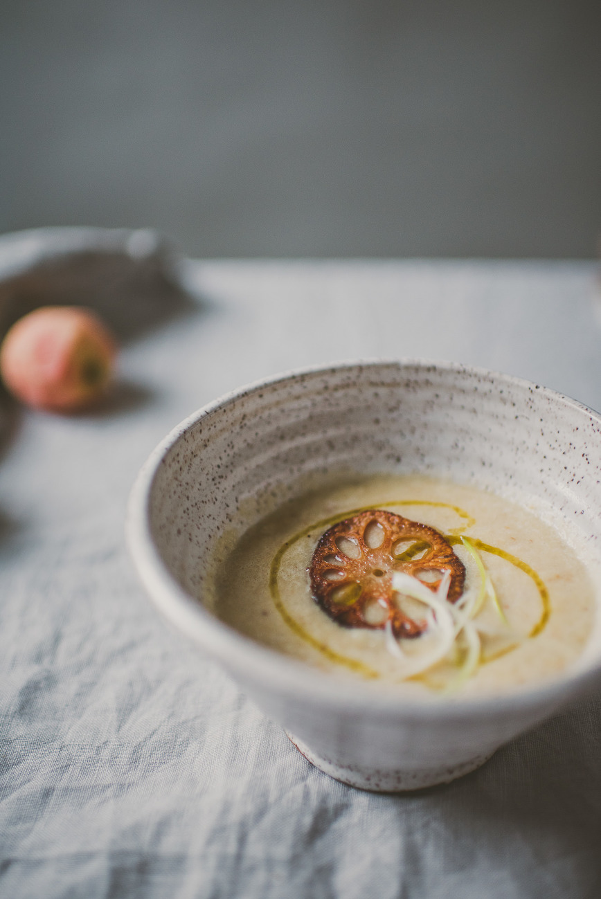 Roasted Parsnip Apple Soup with Baked Lotus Root Chips