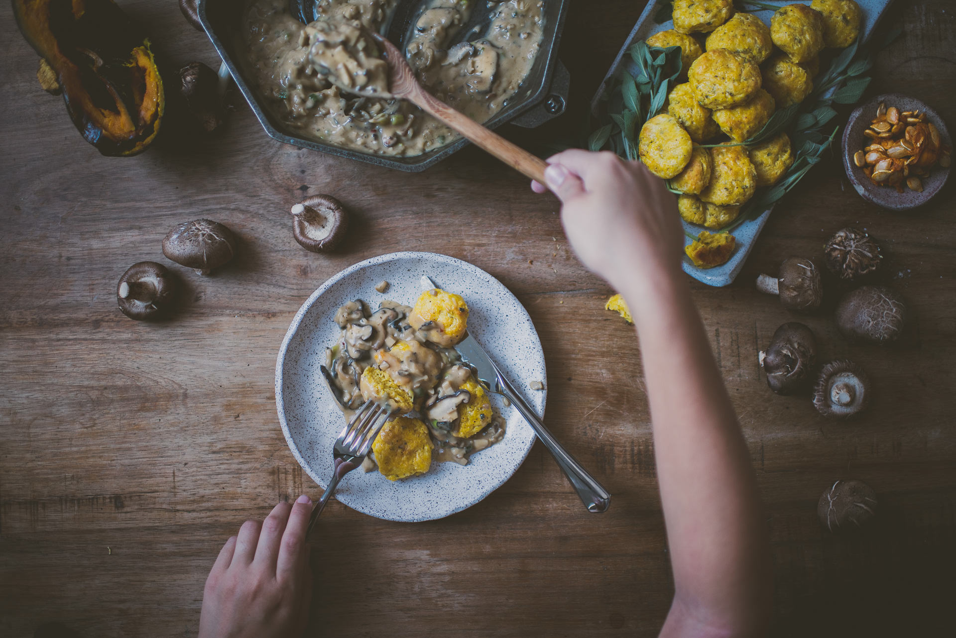 Mushroom Gravy Creme Fraiche Kabocha Biscuits | bettysliu.com