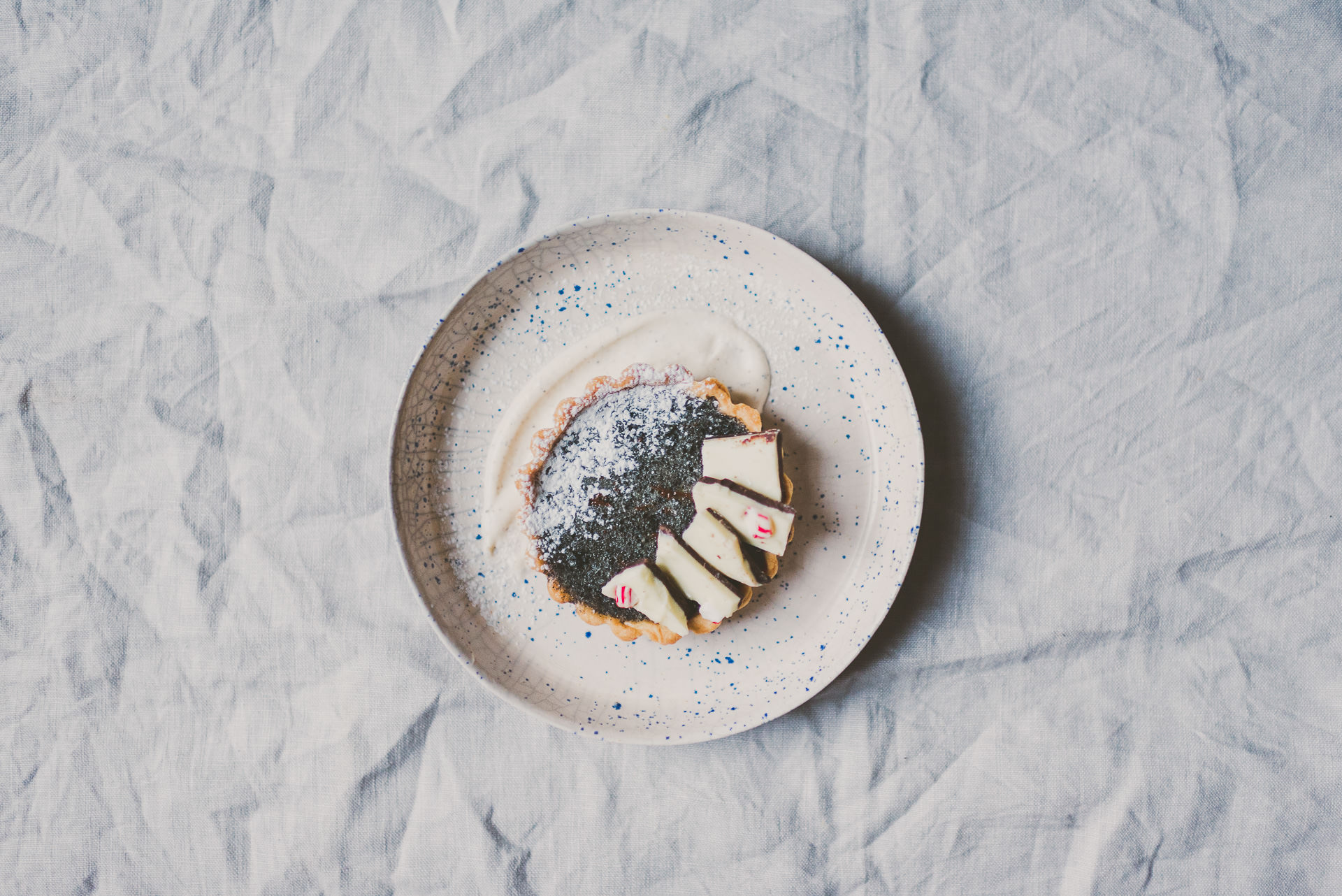 Black Sesame Buttermilk Tartlets topped with Peppermint Bark