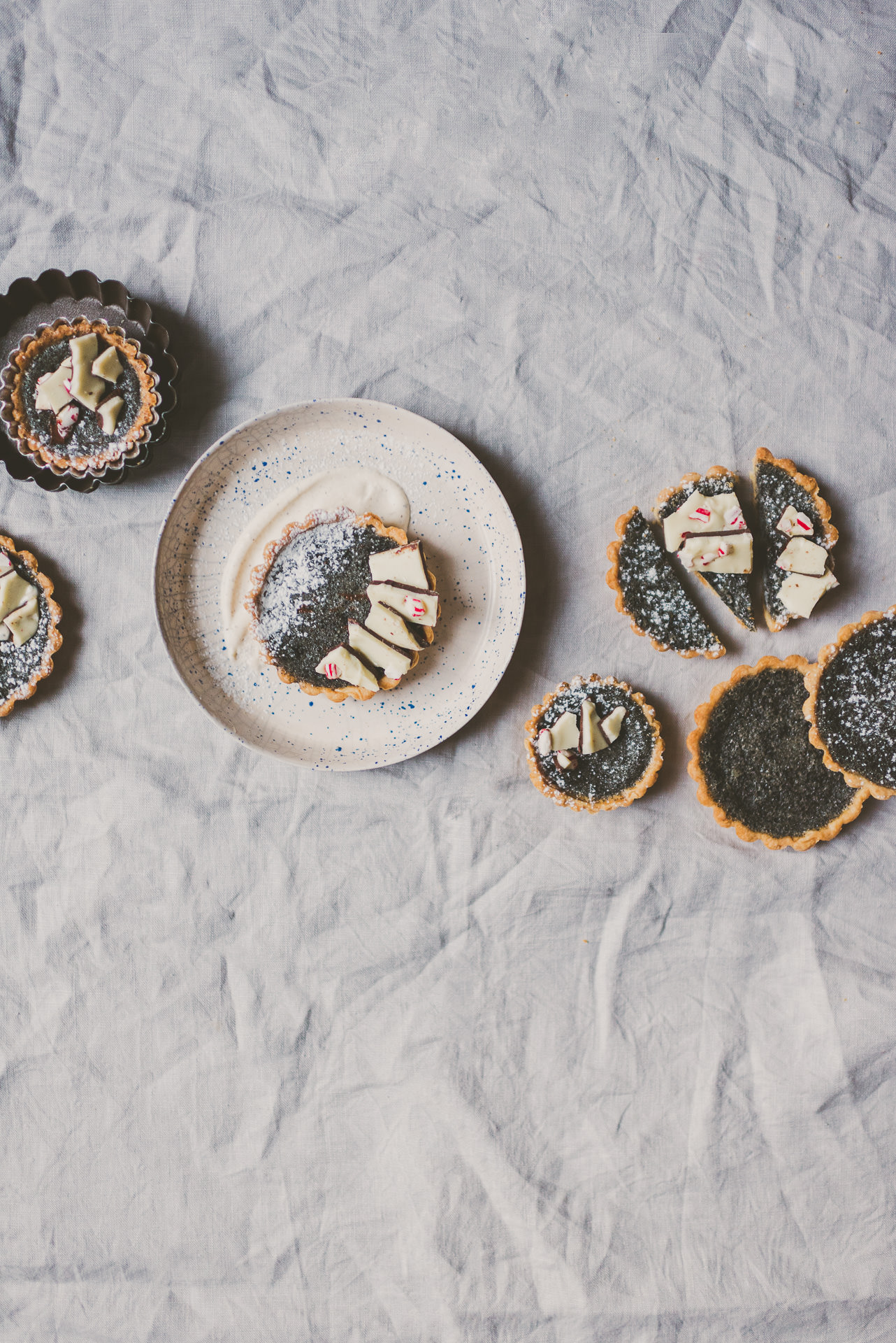 Black Sesame Buttermilk Tartlets topped with Peppermint Bark