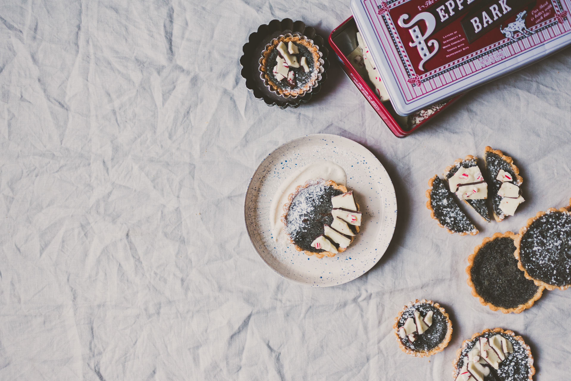 Black Sesame Buttermilk Tartlets topped with Peppermint Bark