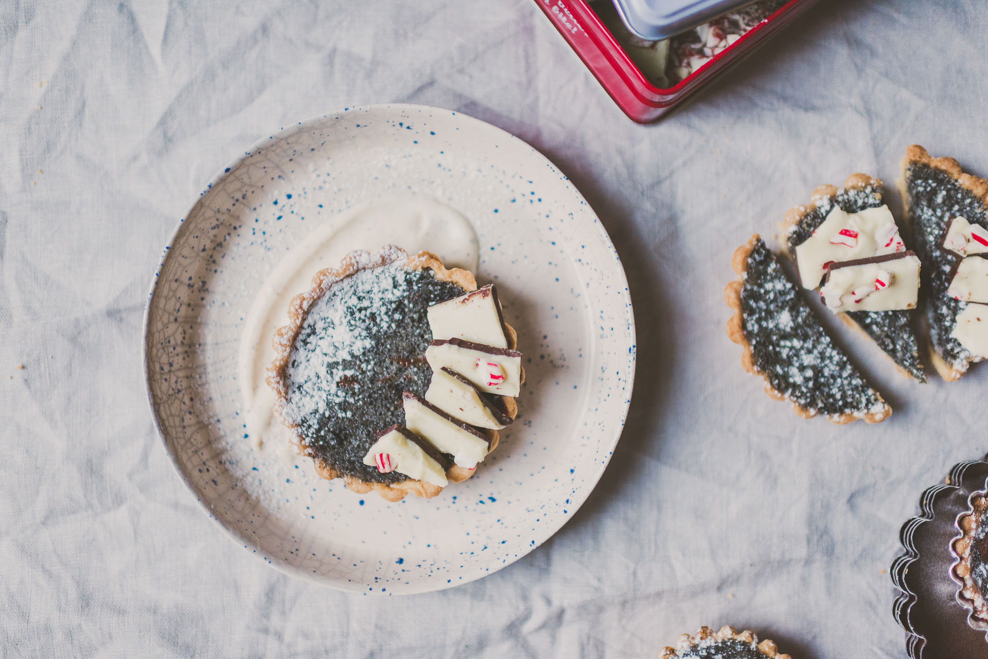 Black Sesame Buttermilk Tartlets topped with Peppermint Bark