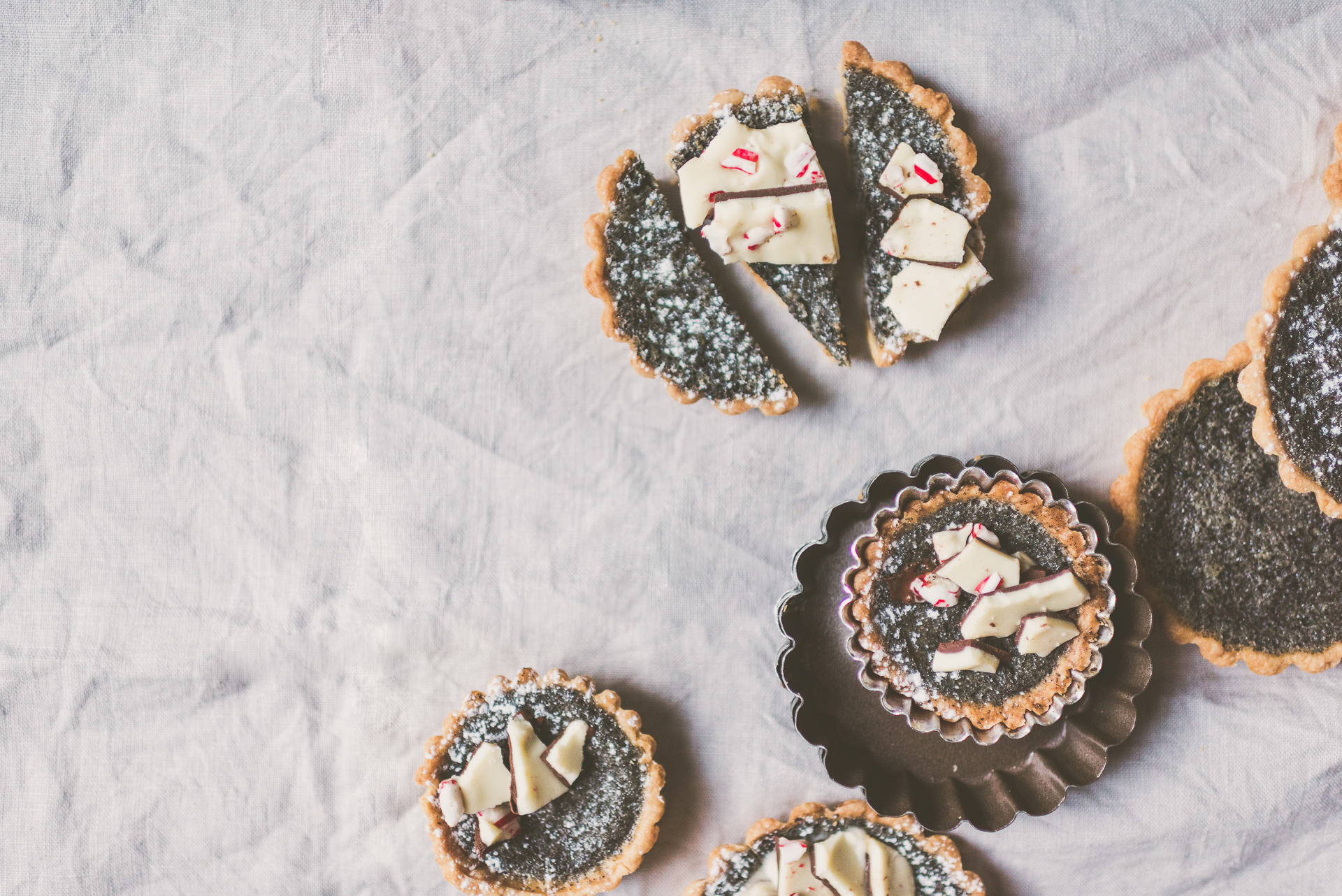 Black Sesame Buttermilk Tartlets topped with Peppermint Bark