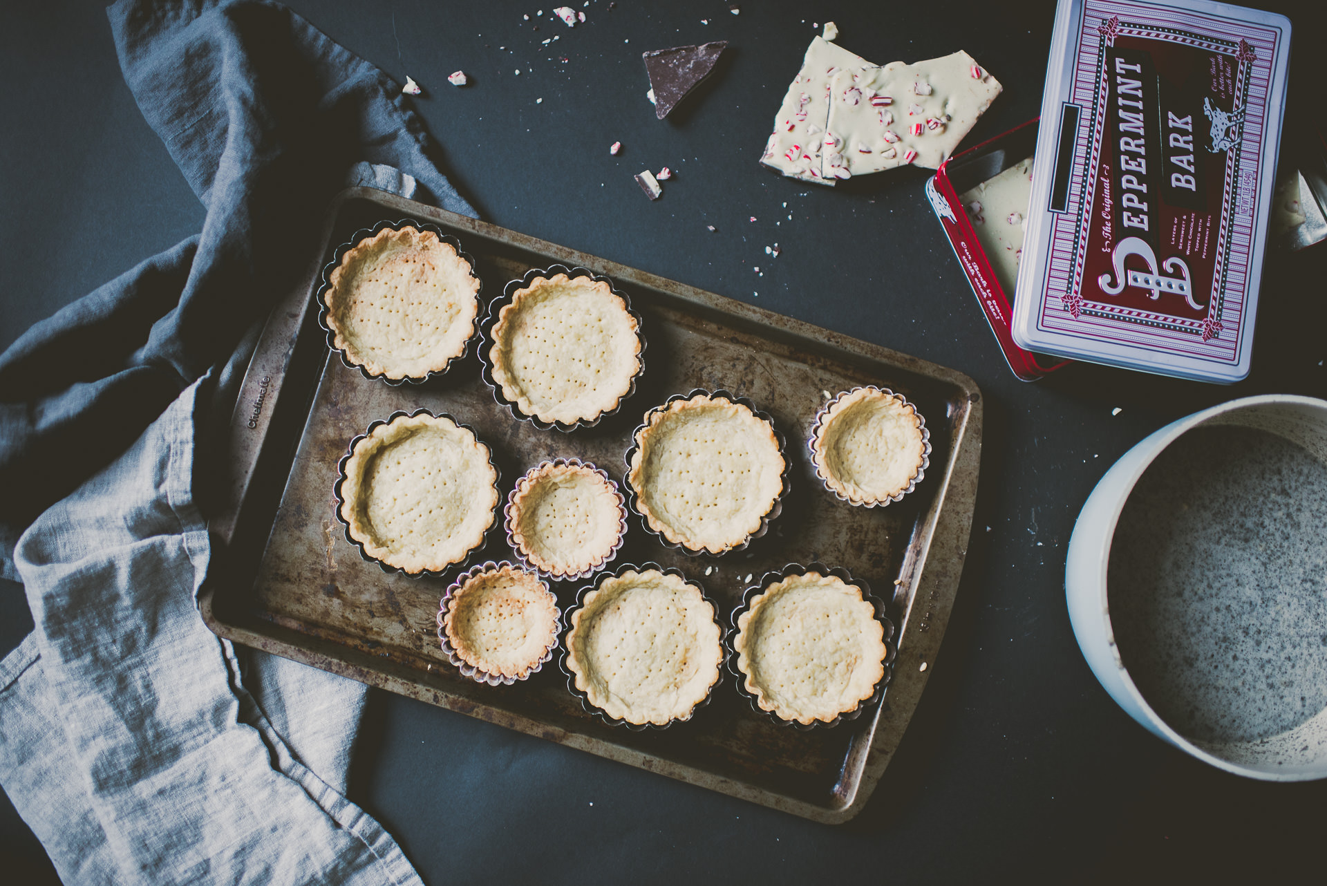 Black Sesame Buttermilk Tartlets topped with Peppermint Bark