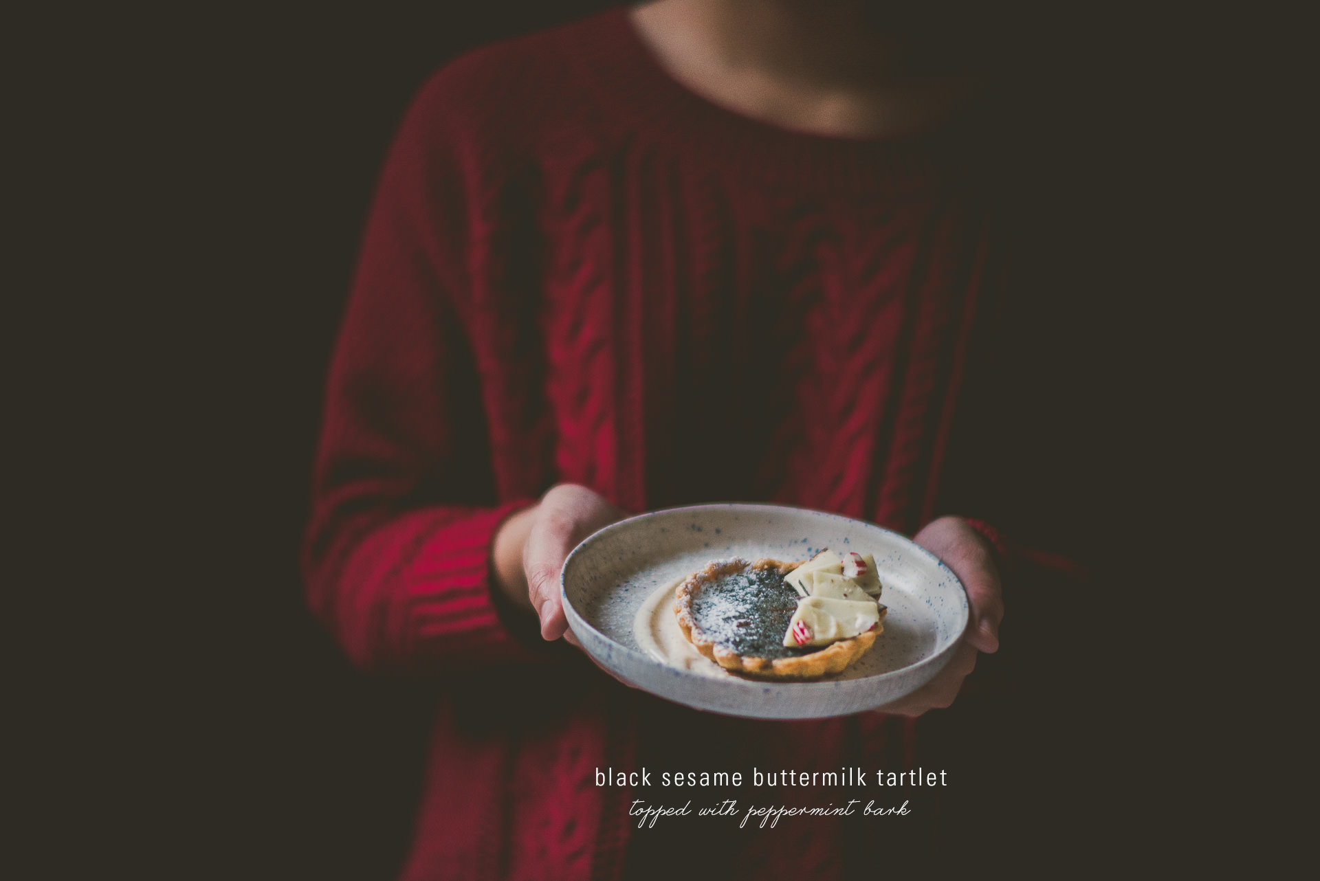 Black Sesame Buttermilk Tartlets topped with Peppermint Bark