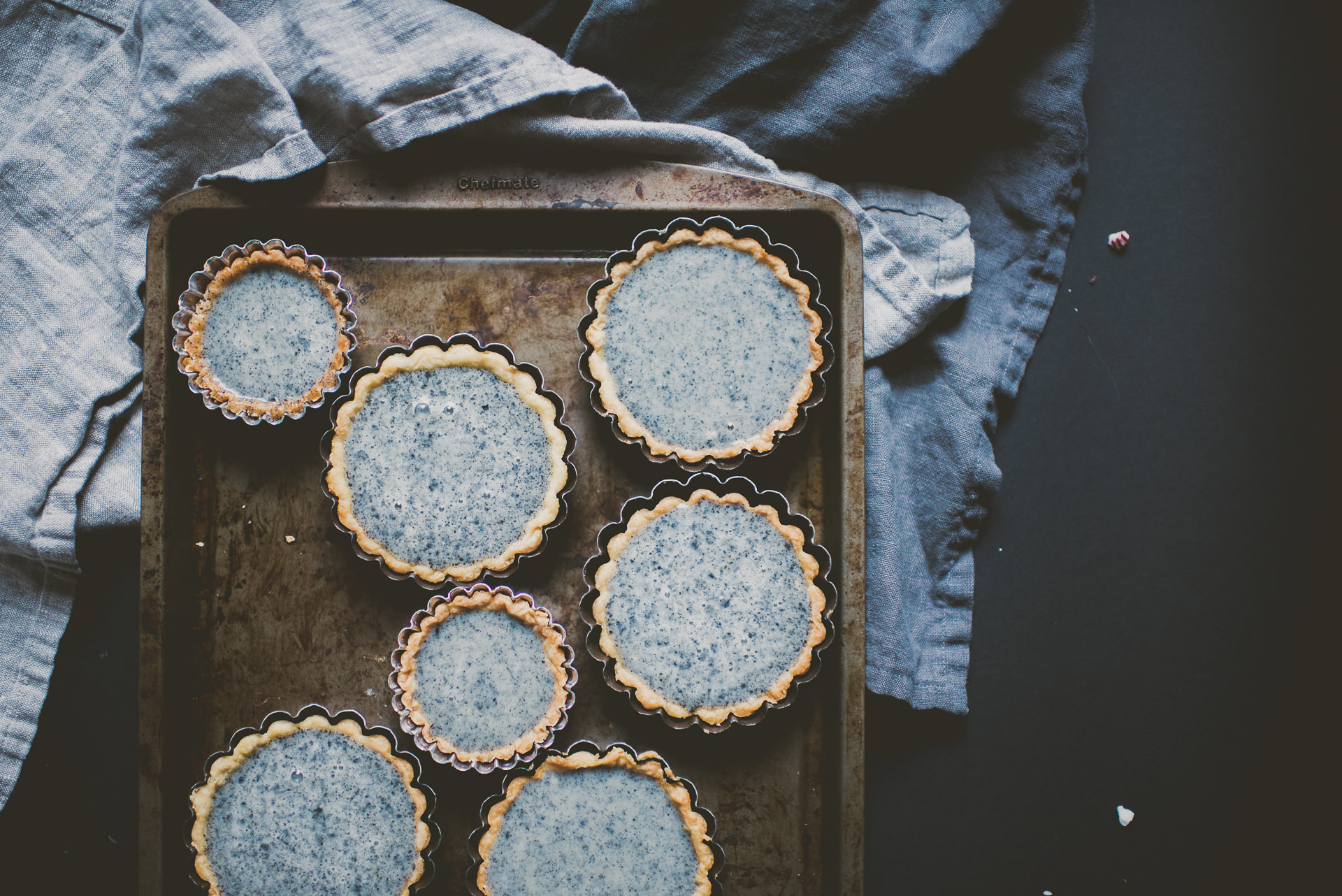 Black Sesame Buttermilk Tartlets topped with Peppermint Bark