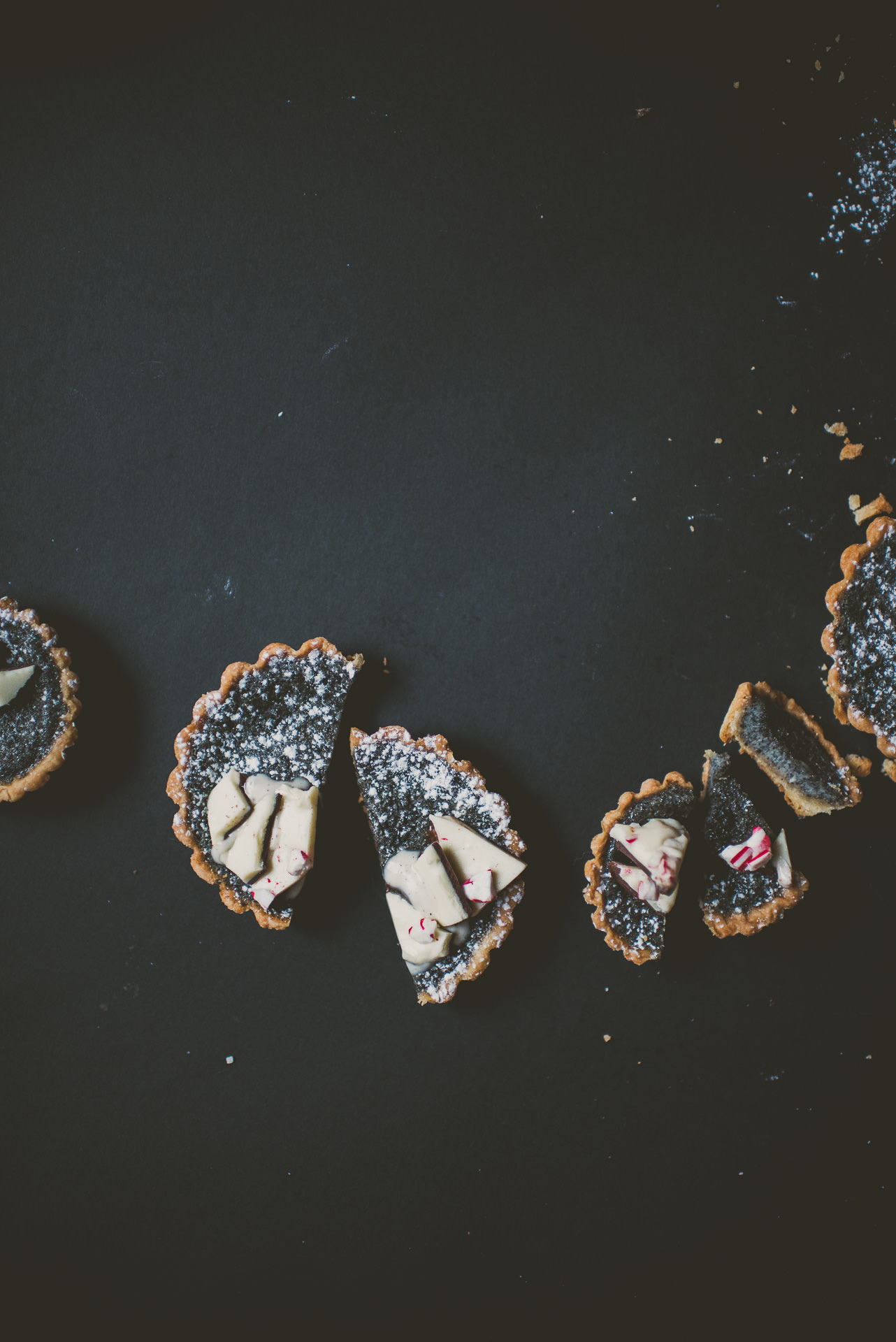 Black Sesame Buttermilk Tartlets topped with Peppermint Bark