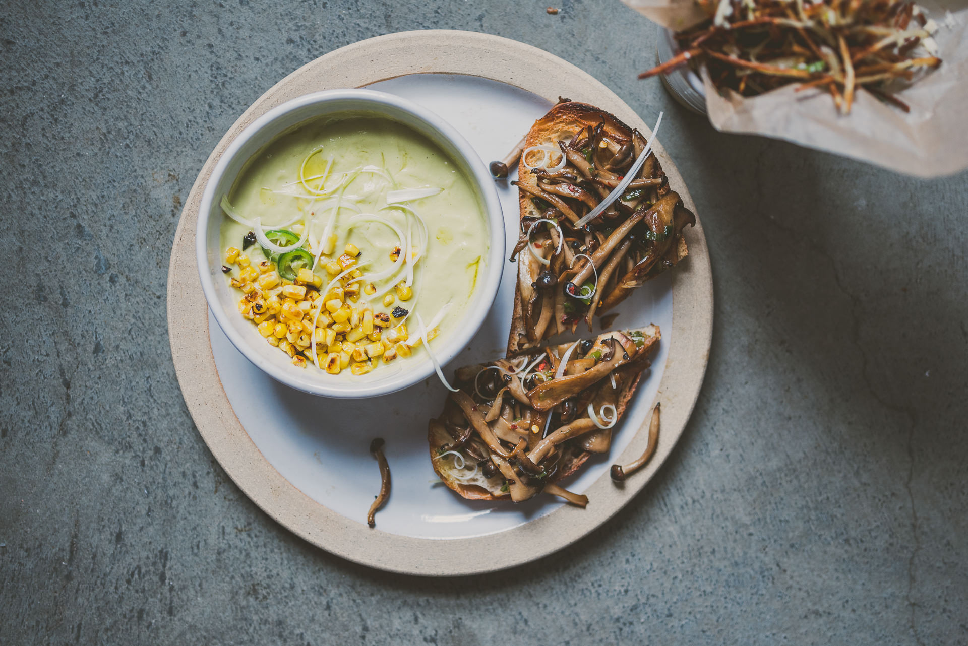 Mushroom Toast, Avocado Corn soup, Basil Shoestring Fries | bettysliu.com