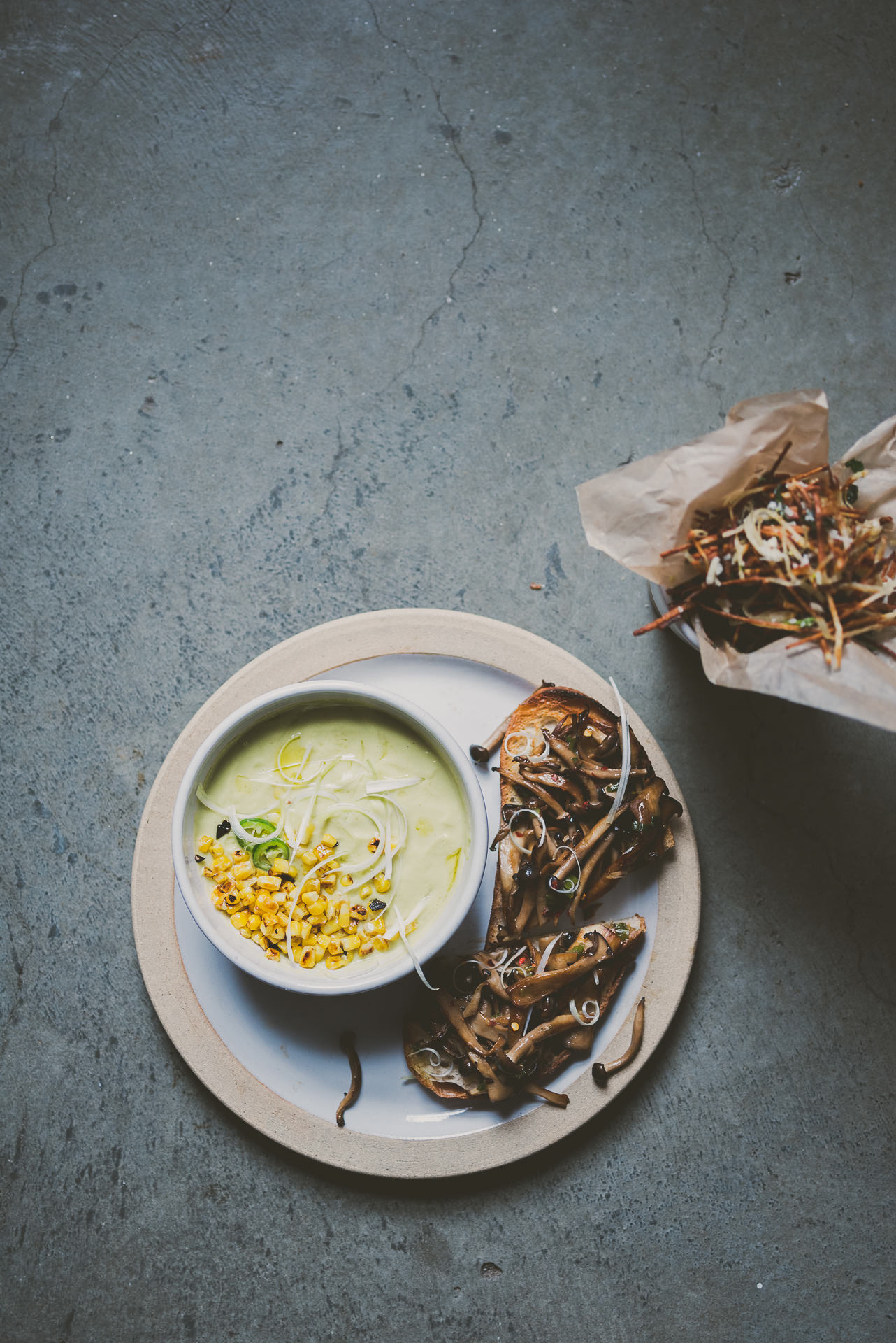 Mushroom Toast, Avocado Corn soup, Basil Shoestring Fries | bettysliu.com