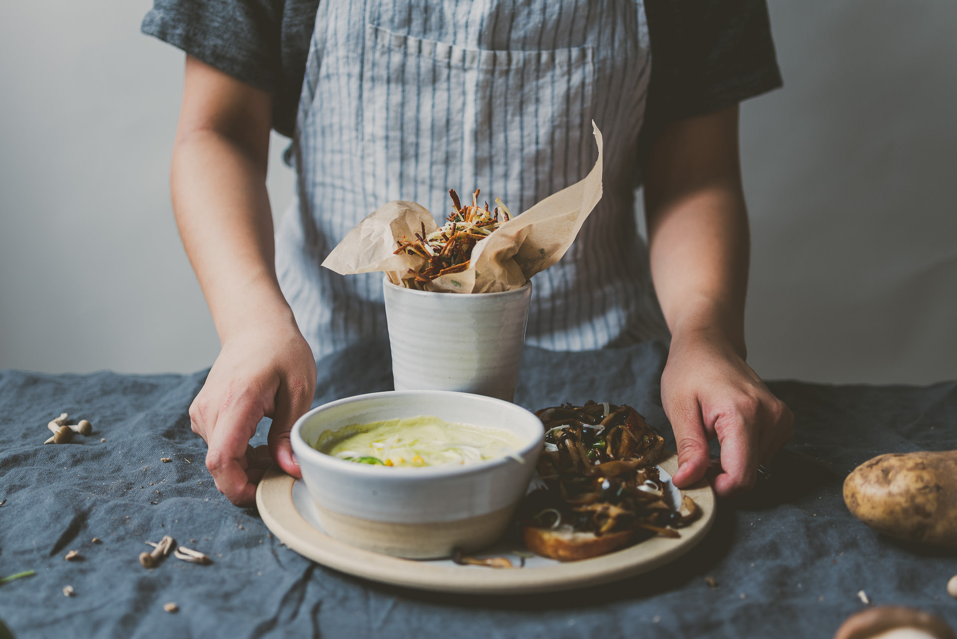 Mushroom Toast, Avocado Corn soup, Basil Shoestring Fries | bettysliu.com