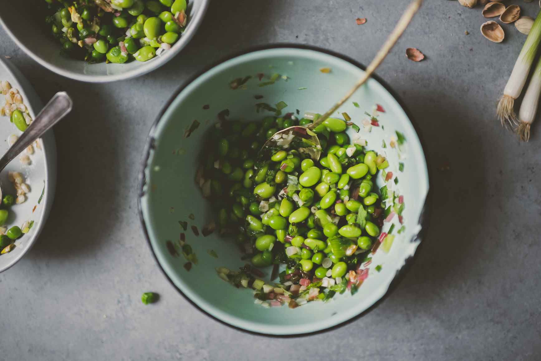 Pickled Ramps, Edamame, Pea and Pearl Barley Bowl 