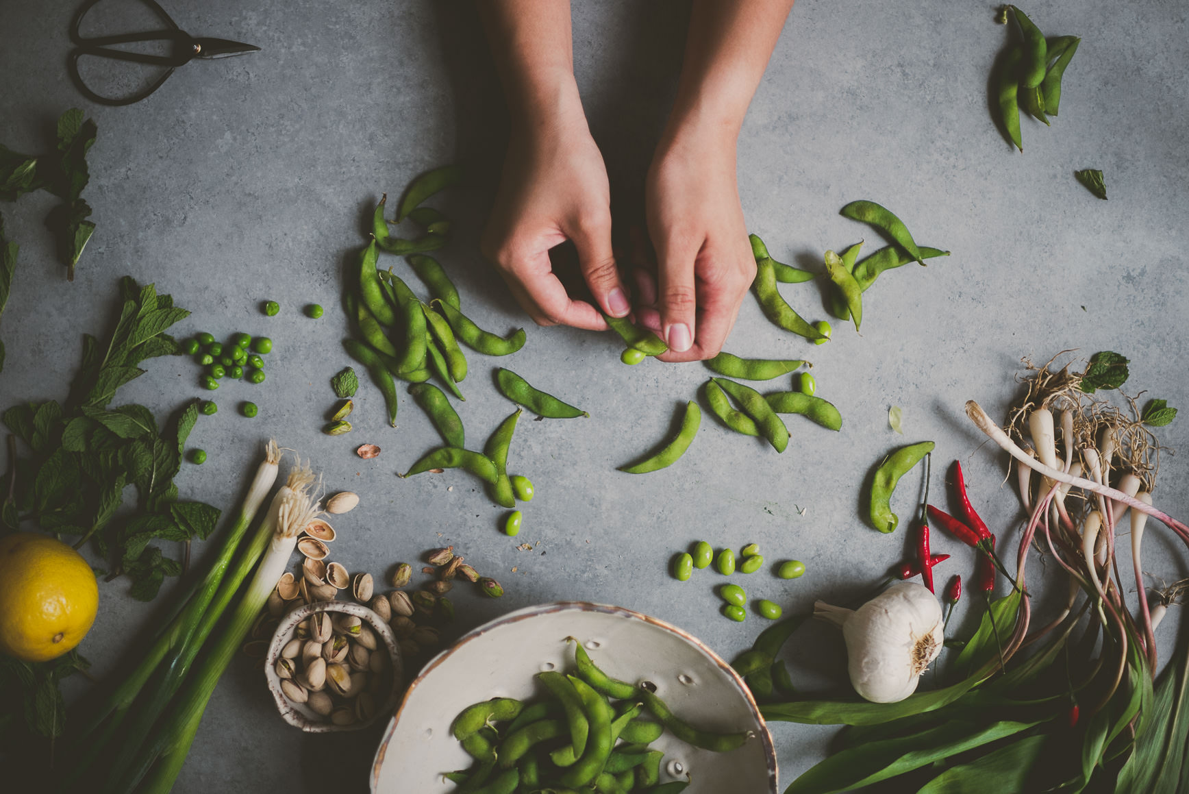 Pickled Ramps, Edamame, Pea and Pearl Barley Bowl 