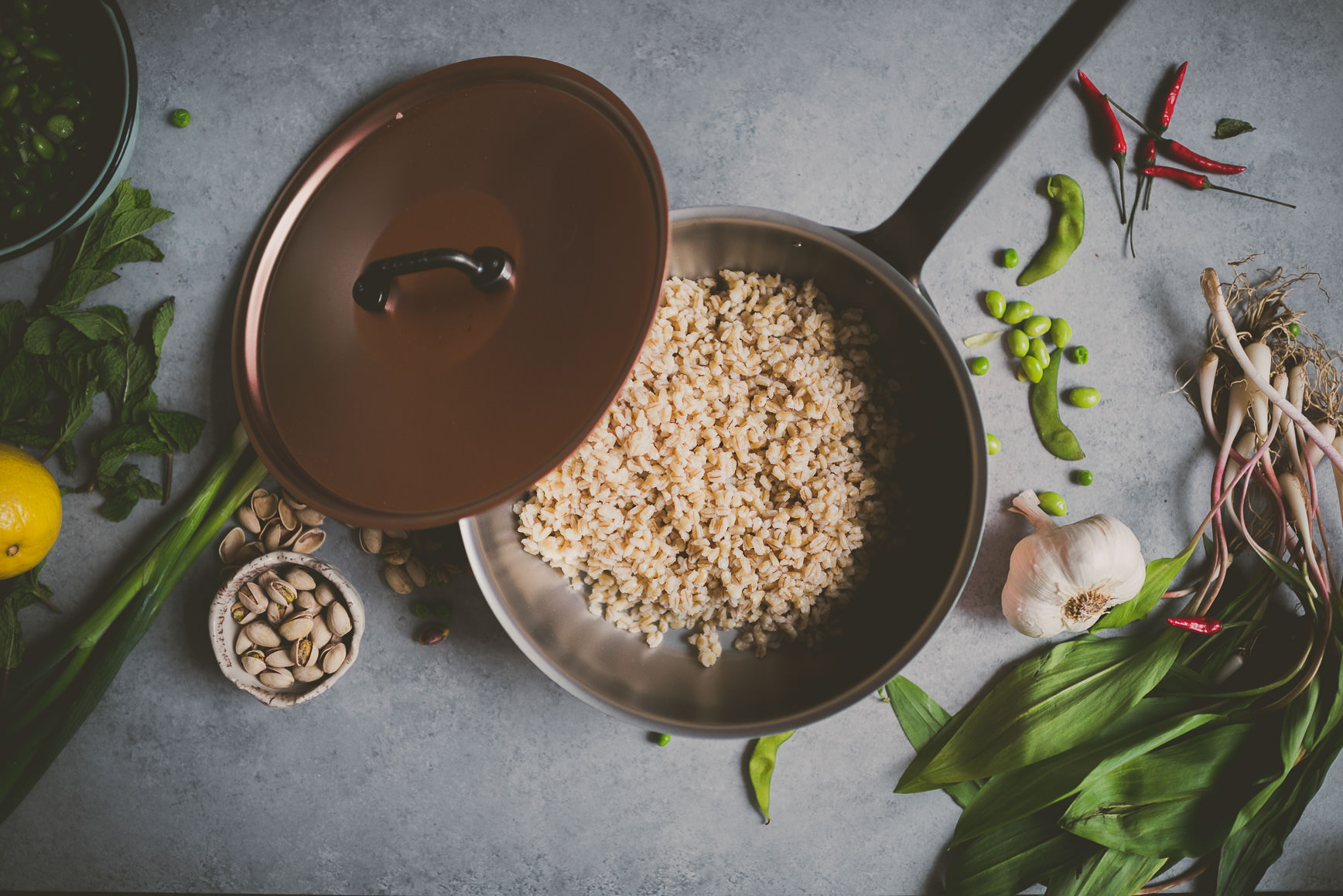 Pickled Ramps, Edamame, Pea and Pearl Barley Bowl 