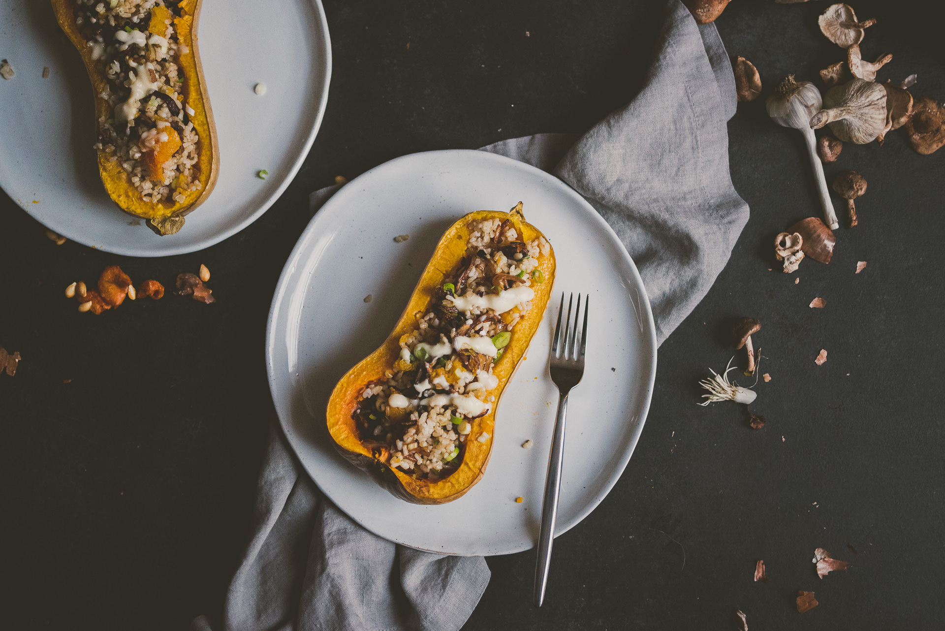 Mushroom Brown Rice Stuffed Butternut Squash | bettysliu.com