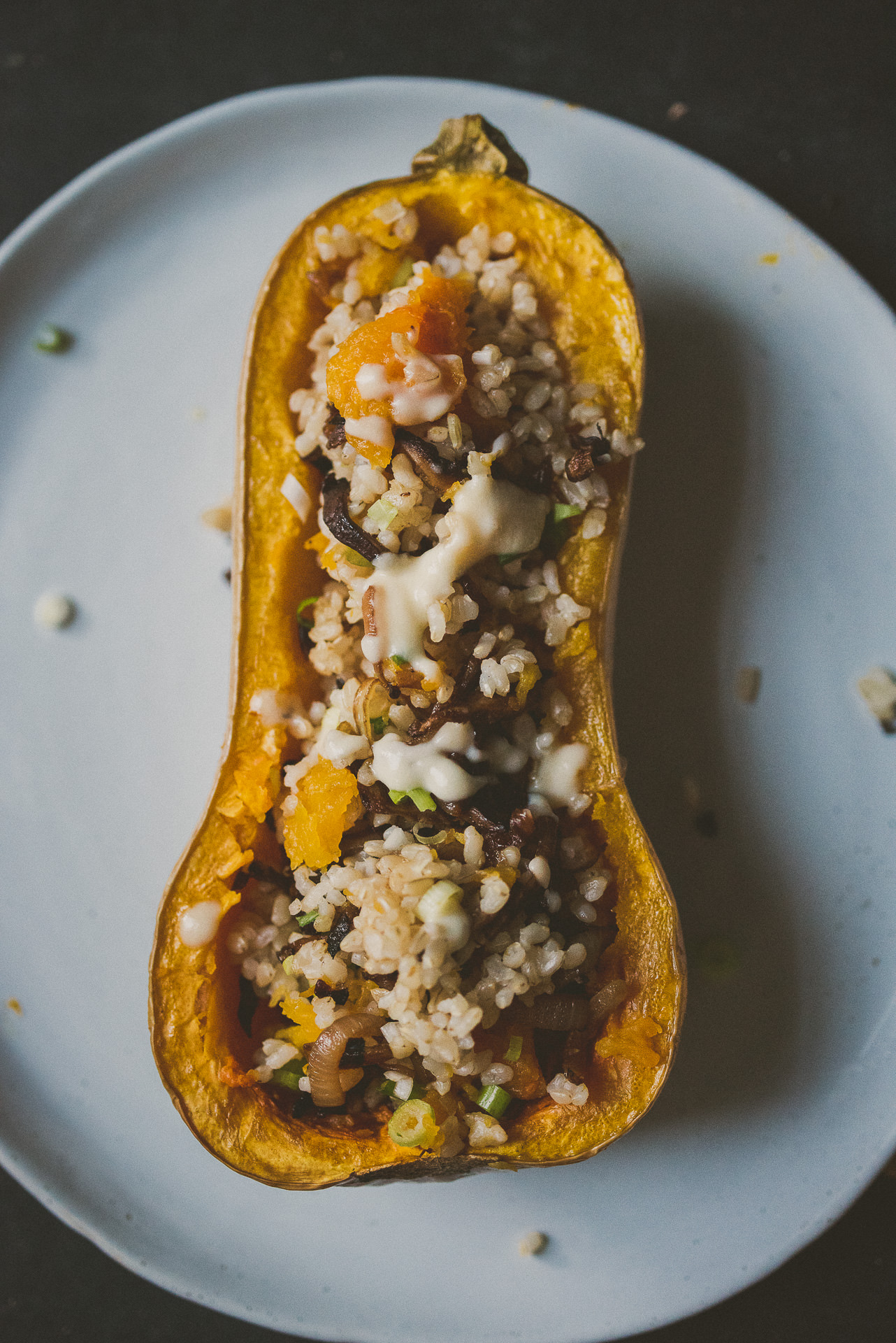 Mushroom Brown Rice Stuffed Butternut Squash | bettysliu.com