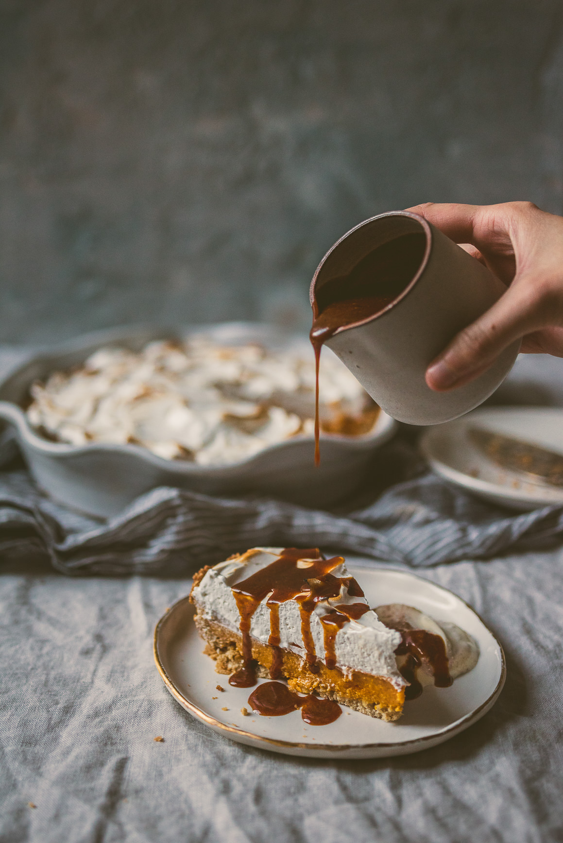 sweet potato marshmallow meringue pie with miso caramel drizzle | bettysliu.com