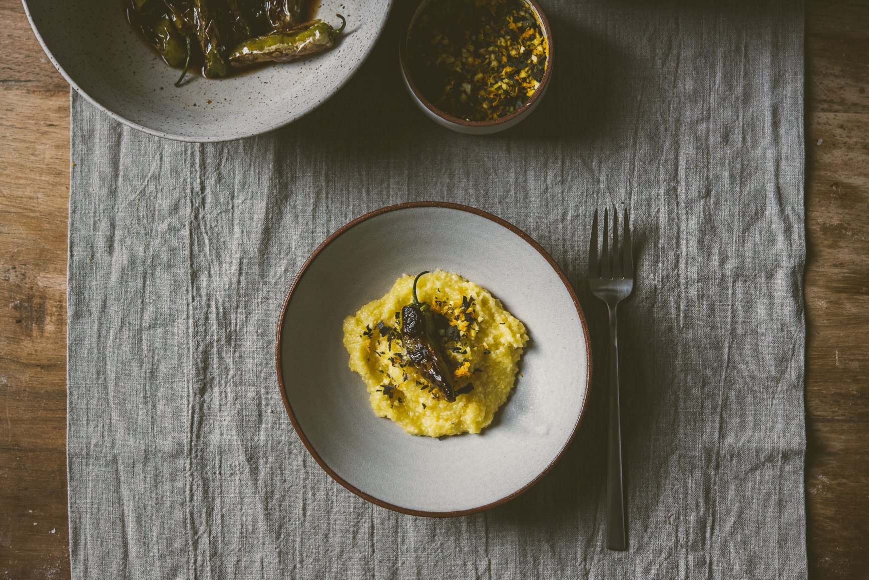 Soy Marinaded Blistered Shisito over Polenta | bettysliu-14